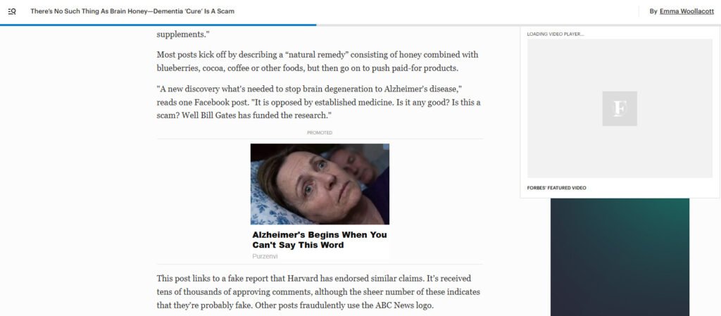A screenshot of the Forbes news article about the scam, which is also serving an ad fro the scam in the middle of the text about why the reader should be cautious of the scam. It reads, in part, "Alzheimer's Begins When You Can't Say This Word." The ad links to a scam website that tries to sell bogus brain supplements, preying on vulnerable people.